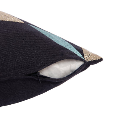 Blue & Beige Geometric Cotton Blend Pillow w/ Embroidery