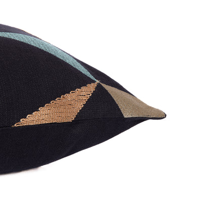 Blue & Beige Geometric Cotton Blend Pillow w/ Embroidery