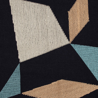 Blue & Beige Geometric Cotton Blend Pillow w/ Embroidery