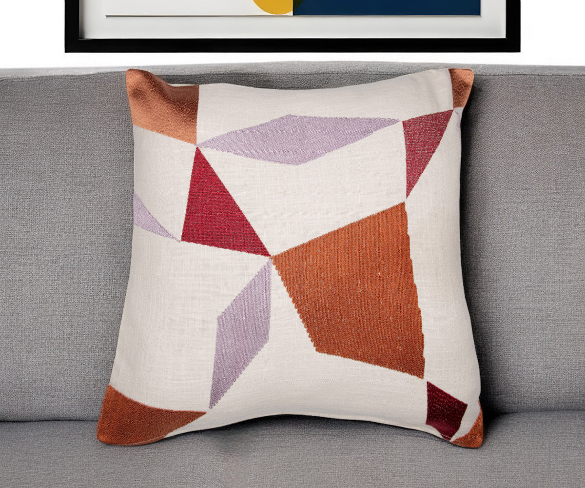 Ivory Geometric Cotton Blend Pillow w/ Embroidery