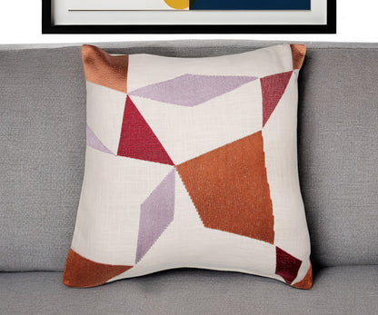 Ivory Geometric Cotton Blend Pillow w/ Embroidery