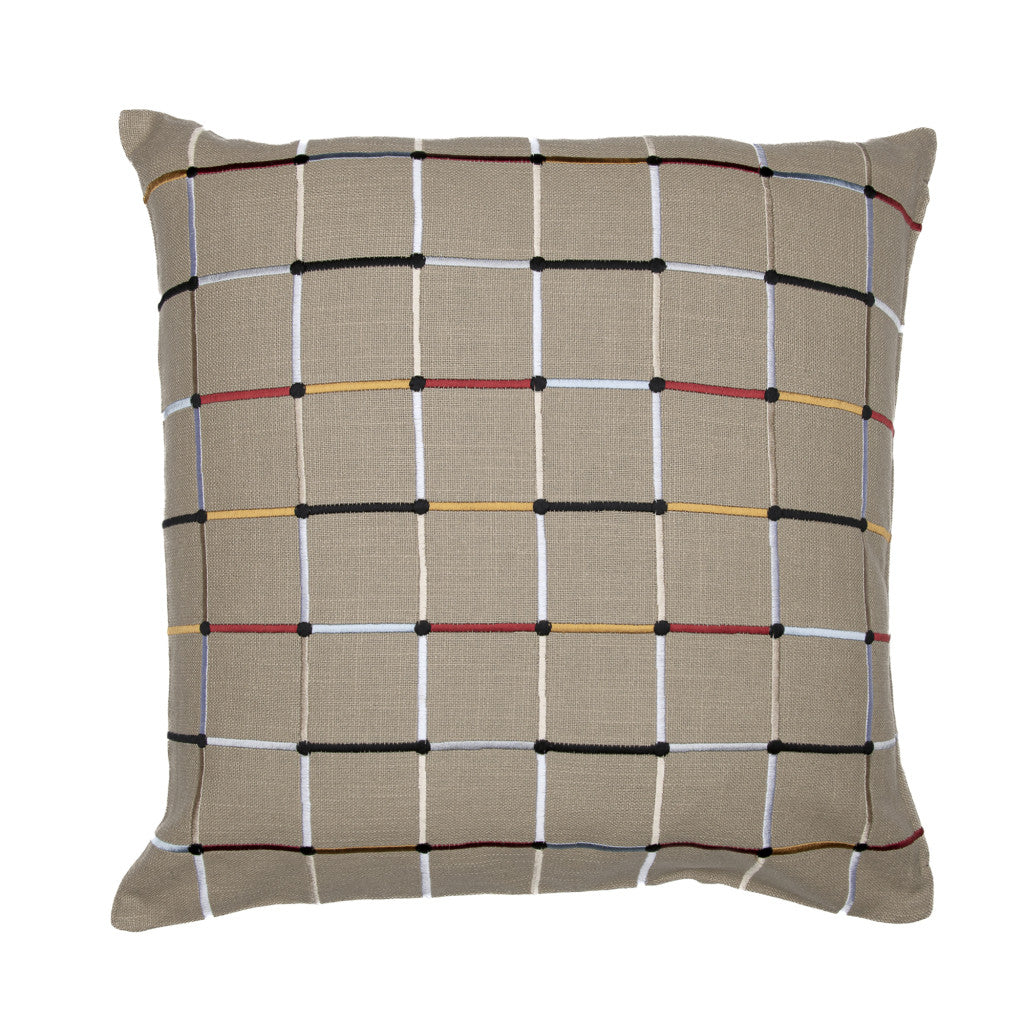 Beige Check Cotton Blend Pillow w/ Embroidery