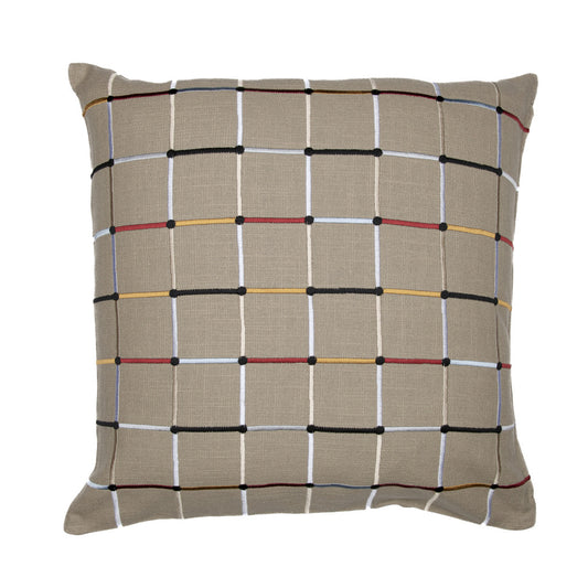 Beige Check Cotton Blend Pillow w/ Embroidery