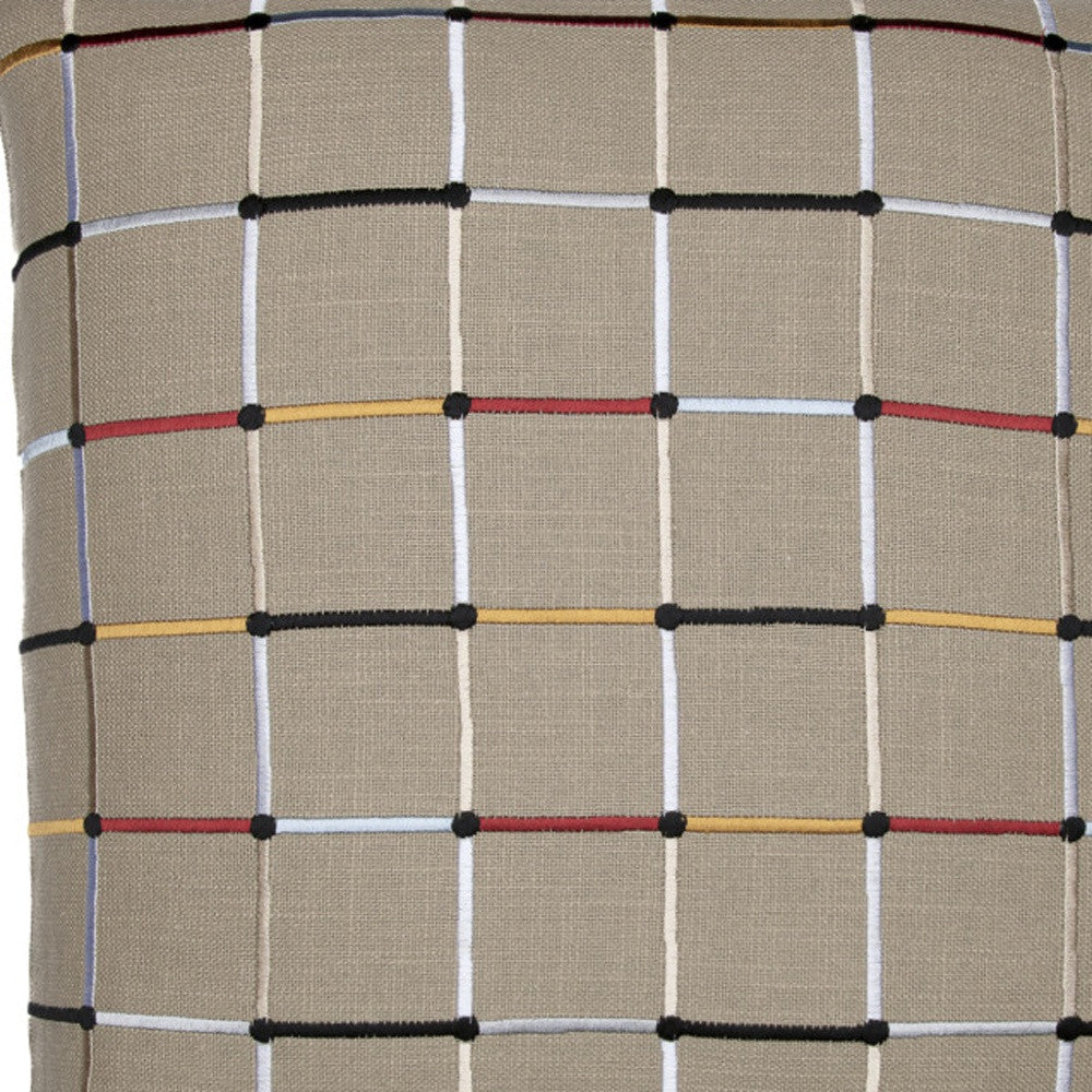 Beige Check Cotton Blend Pillow w/ Embroidery