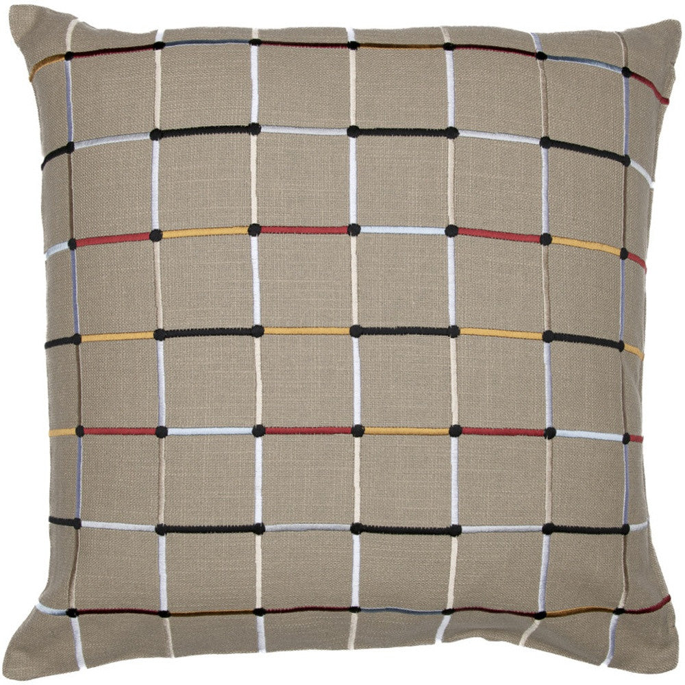 Beige Check Cotton Blend Pillow w/ Embroidery