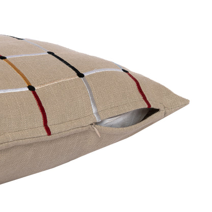 Beige Check Cotton Blend Pillow w/ Embroidery