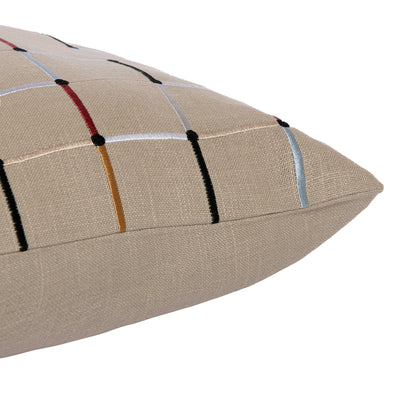 Beige Check Cotton Blend Pillow w/ Embroidery