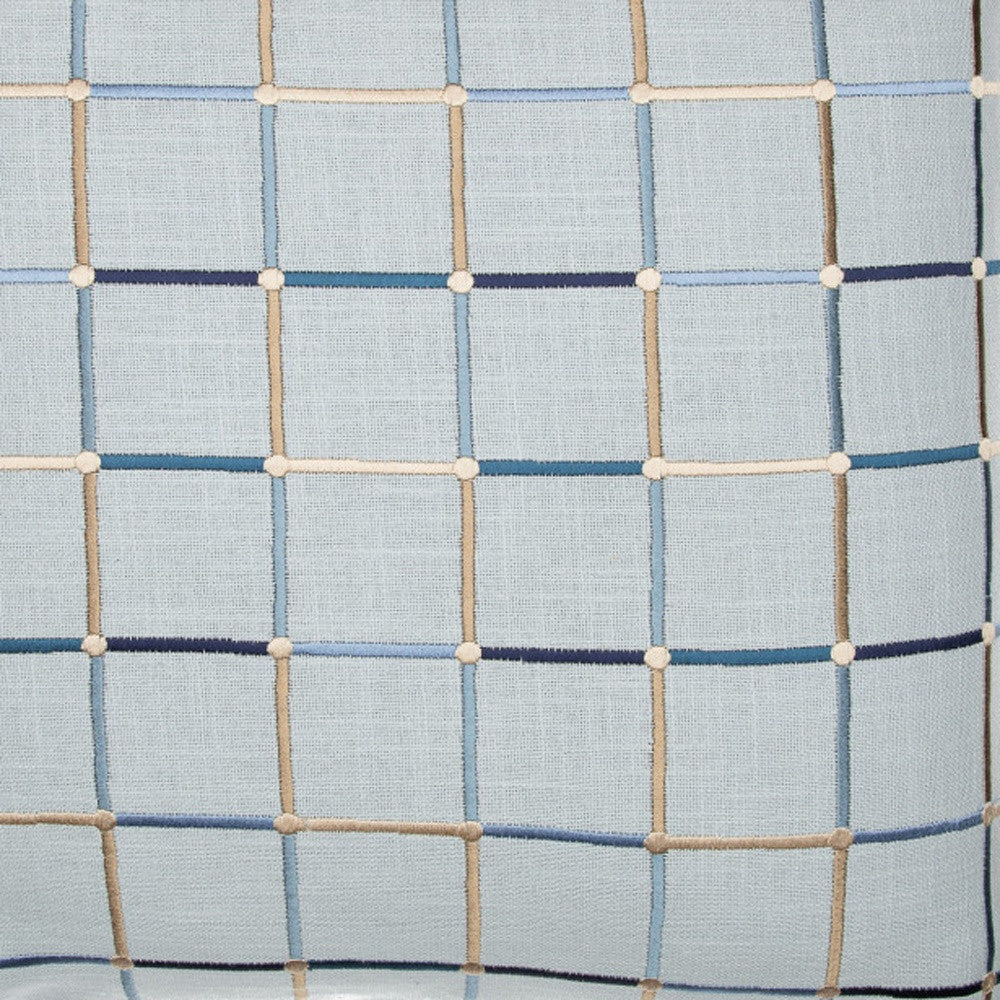 Light Blue Check Cotton Blend Pillow w/ Embroidery