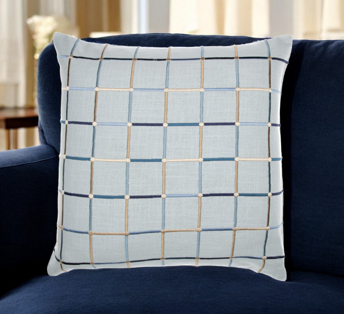 Light Blue Check Cotton Blend Pillow w/ Embroidery