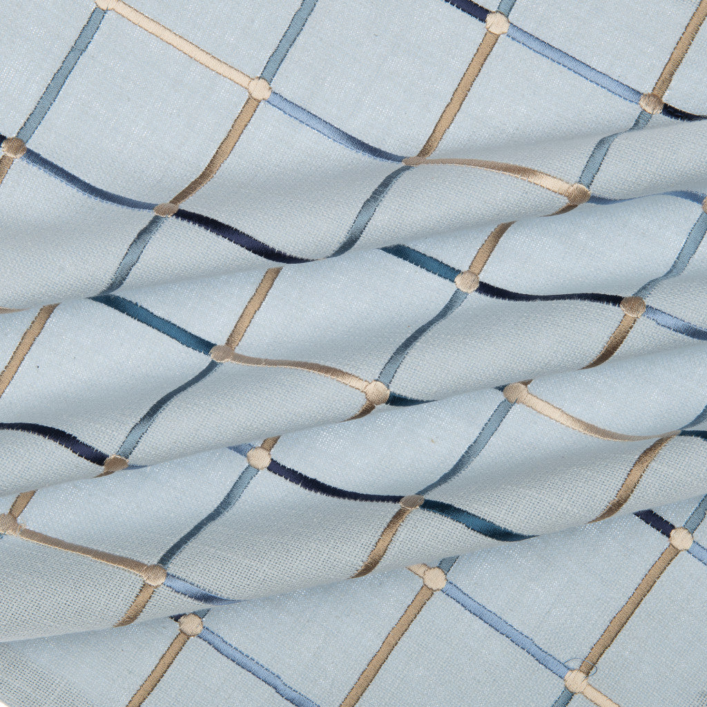 Light Blue Check Cotton Blend Pillow w/ Embroidery