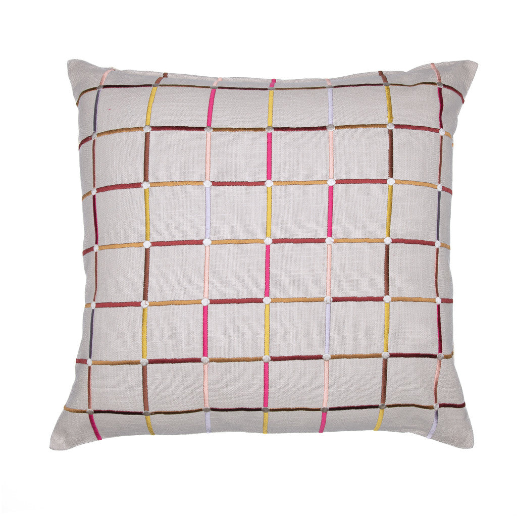 White Check Cotton Blend Pillow w/ Embroidery