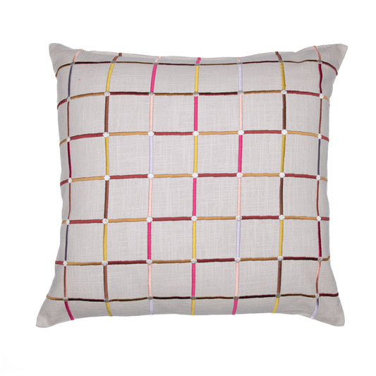 White Check Cotton Blend Pillow w/ Embroidery