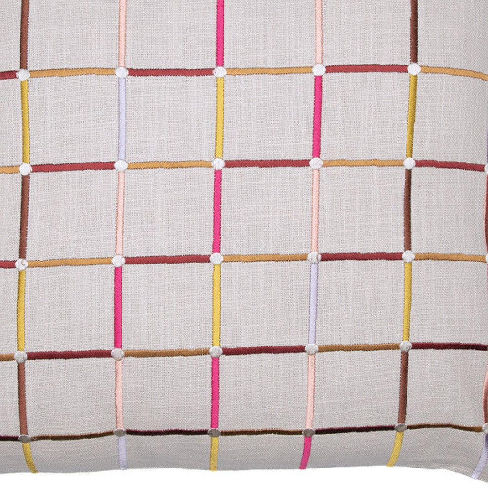 White Check Cotton Blend Pillow w/ Embroidery