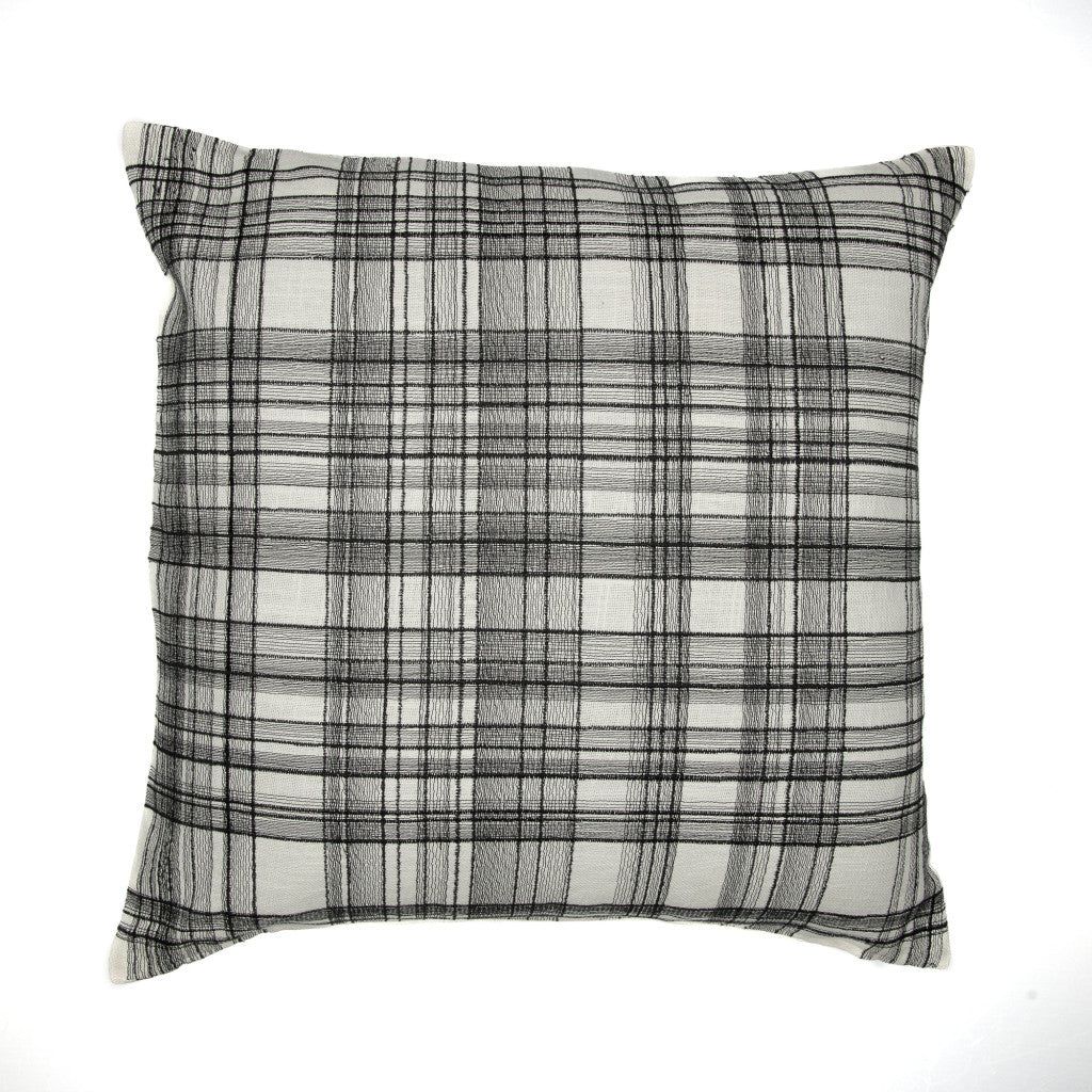 White & Black Check Cotton Blend Pillow w/ Embroidery