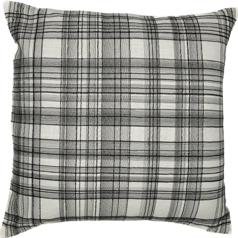 White & Black Check Cotton Blend Pillow w/ Embroidery