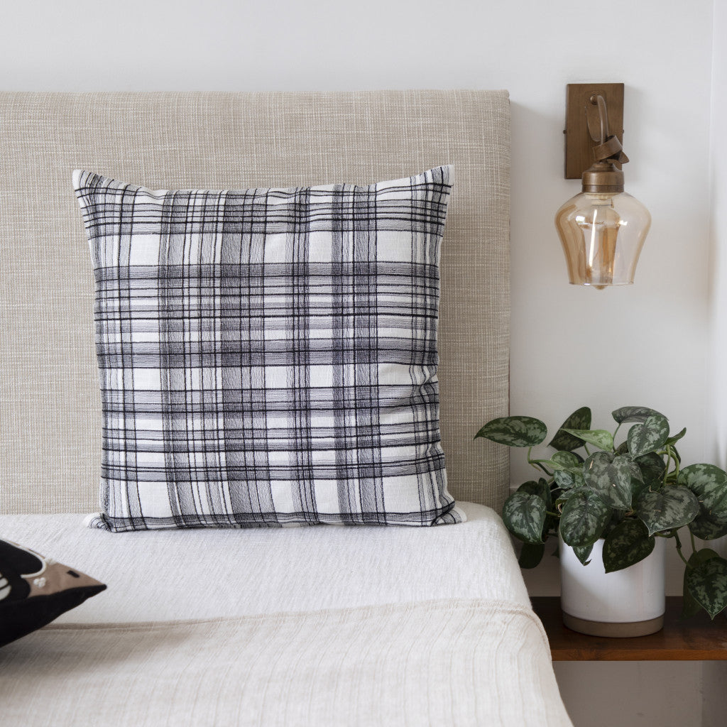 White & Black Check Cotton Blend Pillow w/ Embroidery