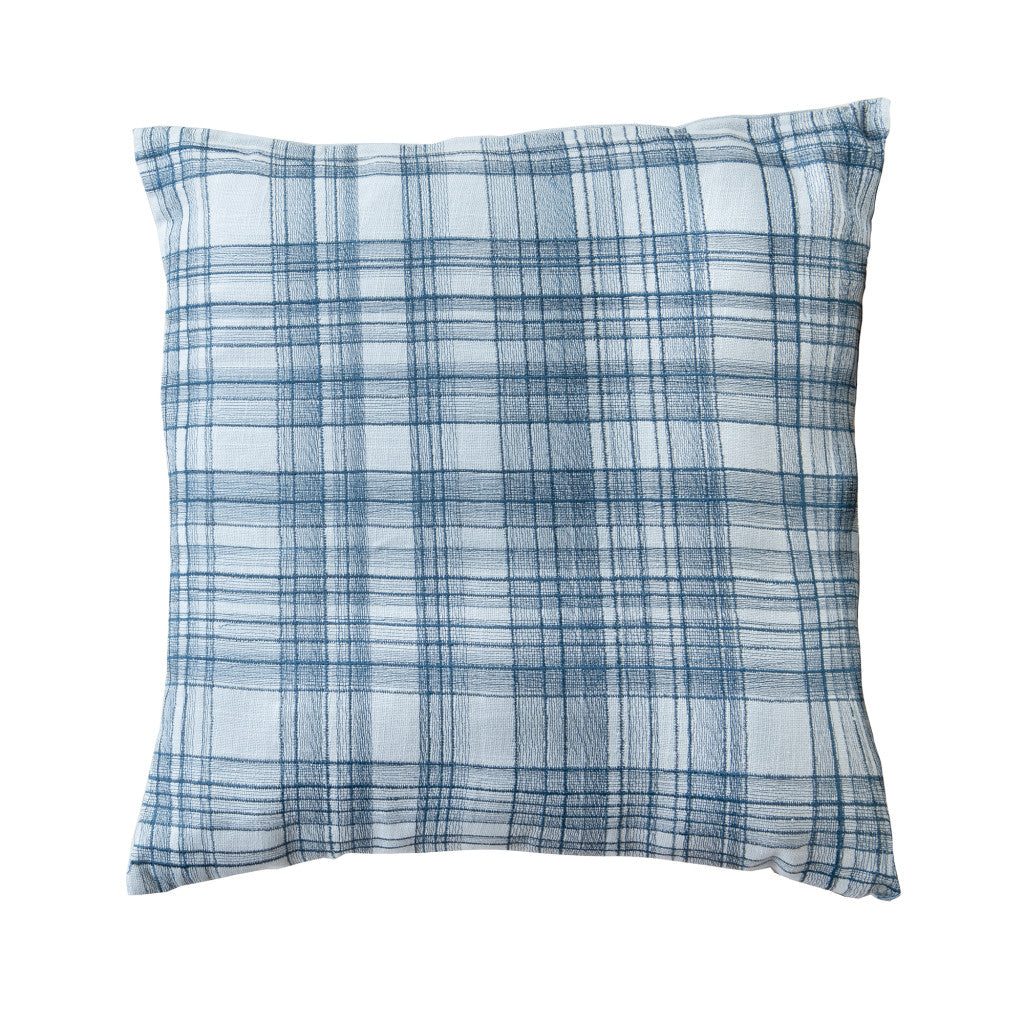 Blue Check Cotton Blend Pillow w/ Embroidery