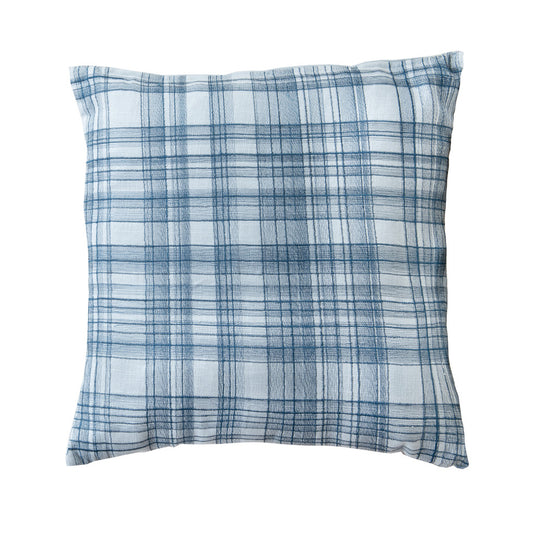 Blue Check Cotton Blend Pillow w/ Embroidery
