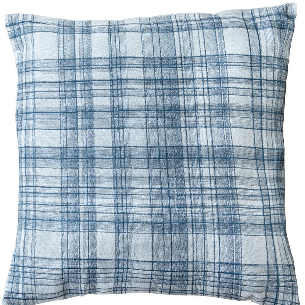 Blue Check Cotton Blend Pillow w/ Embroidery