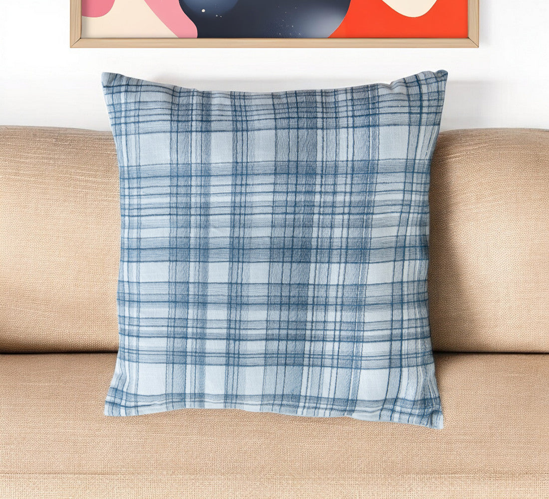 Blue Check Cotton Blend Pillow w/ Embroidery