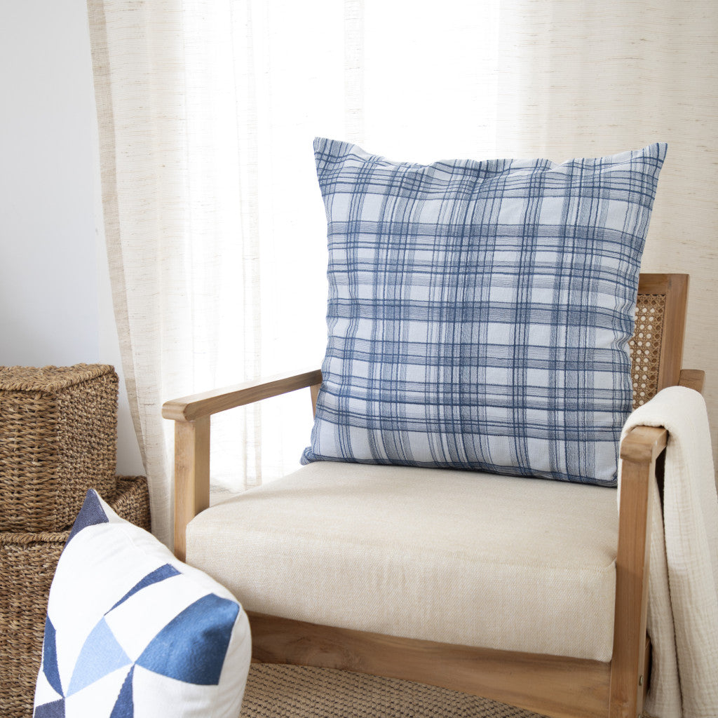 Blue Check Cotton Blend Pillow w/ Embroidery