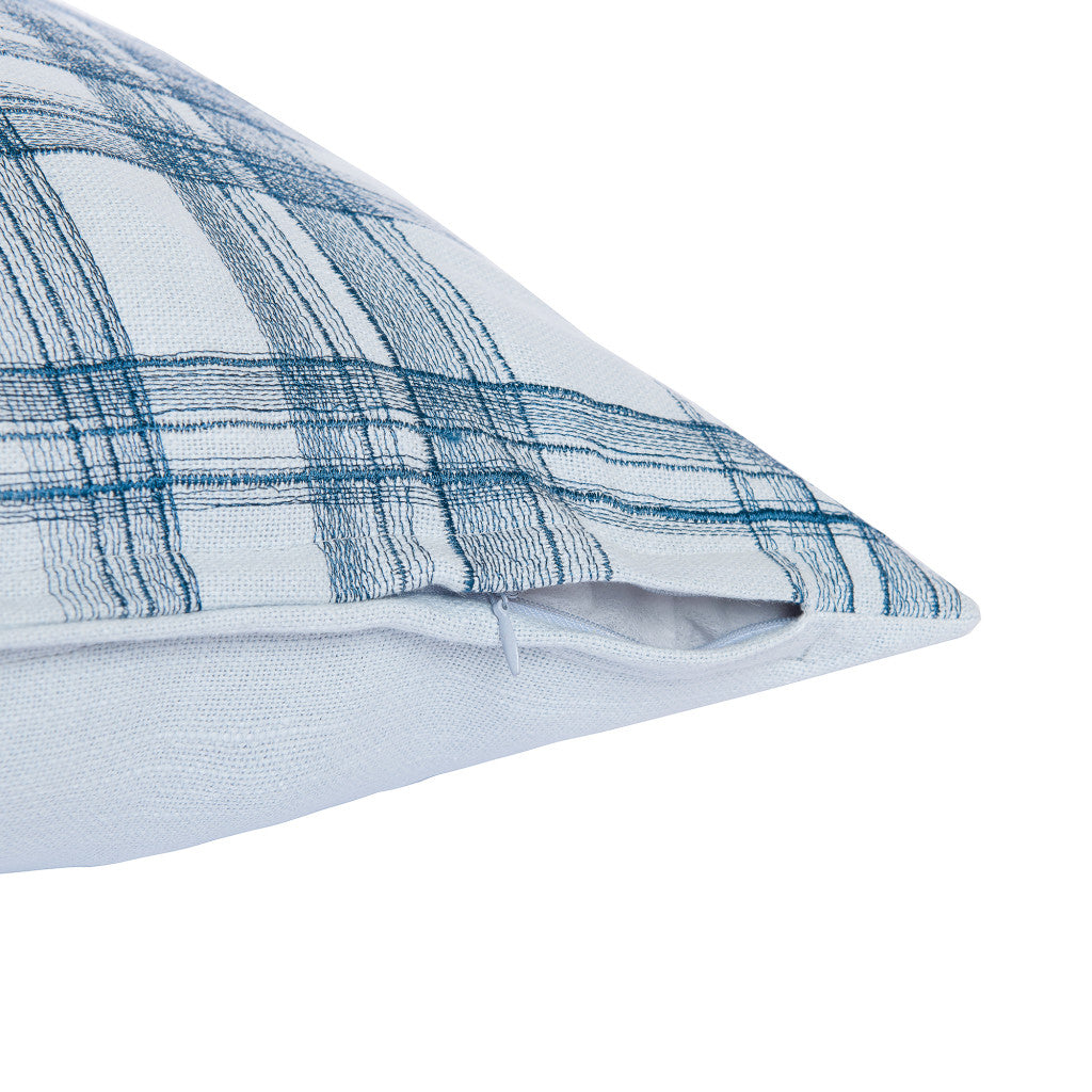 Blue Check Cotton Blend Pillow w/ Embroidery