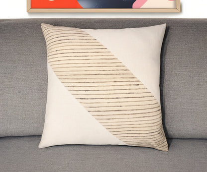 Beige & White Geometric Silk Pillow w/ Embroidery