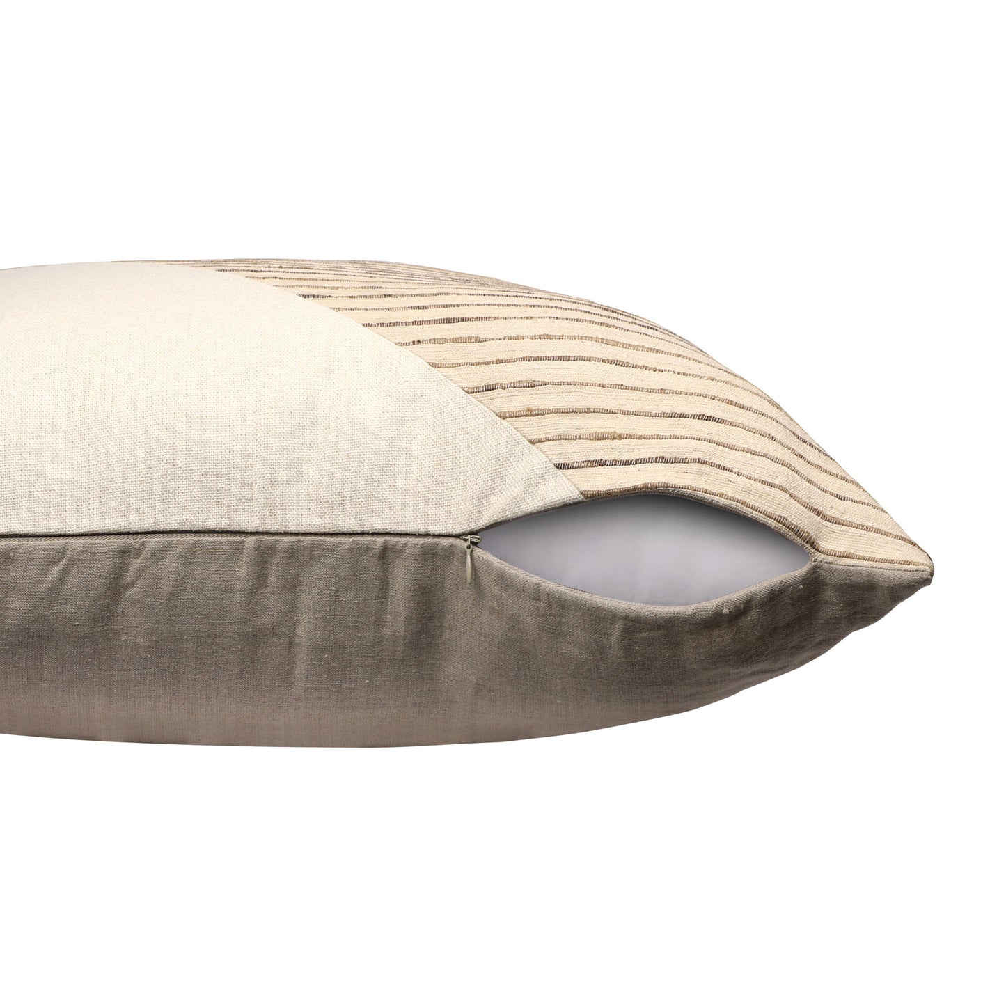 Beige & White Geometric Silk Pillow w/ Embroidery