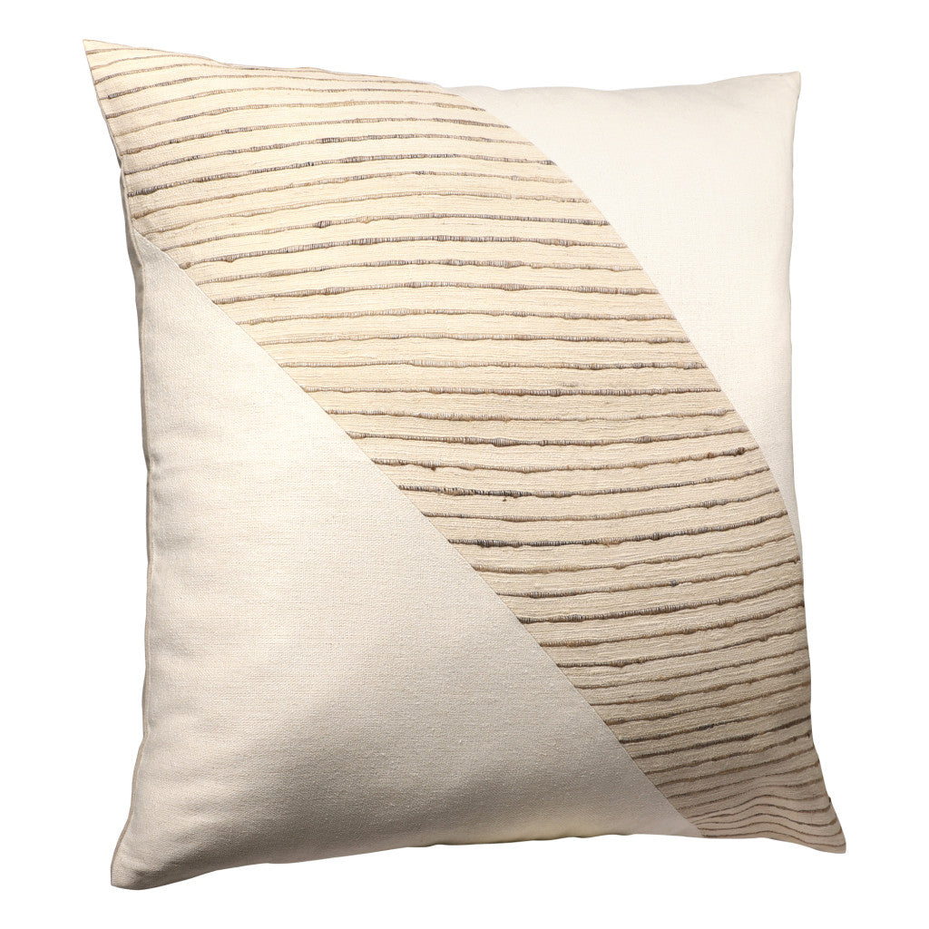 Beige & White Geometric Silk Pillow w/ Embroidery
