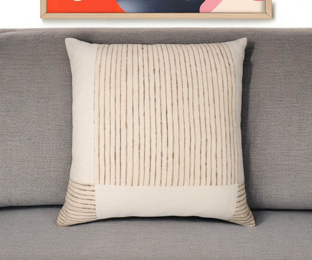 Beige & White Check Silk Pillow w/ Embroidery