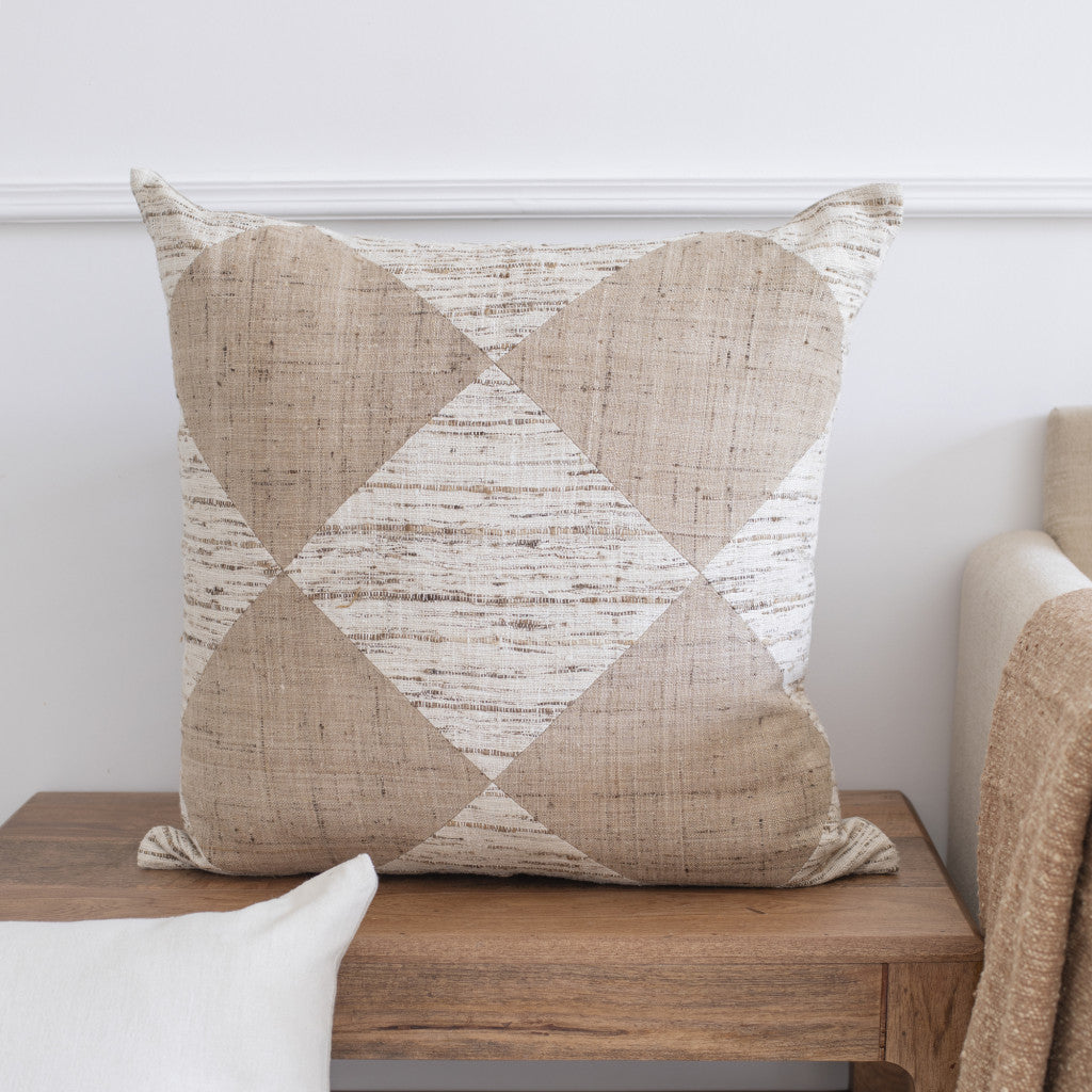 Brown & Beige Diamond Silk Pillow w/ Embroidery