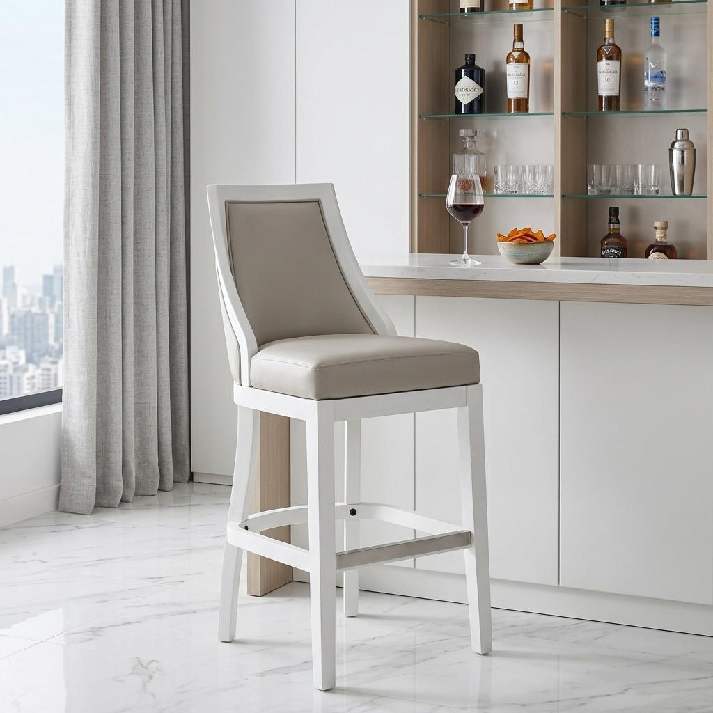 Gray & White Faux Leather & Solid Wood Bar Height Swivel Bar Chair
