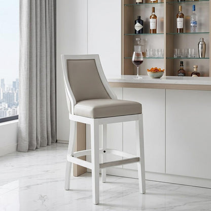 Gray & White Faux Leather & Solid Wood Bar Height Swivel Bar Chair
