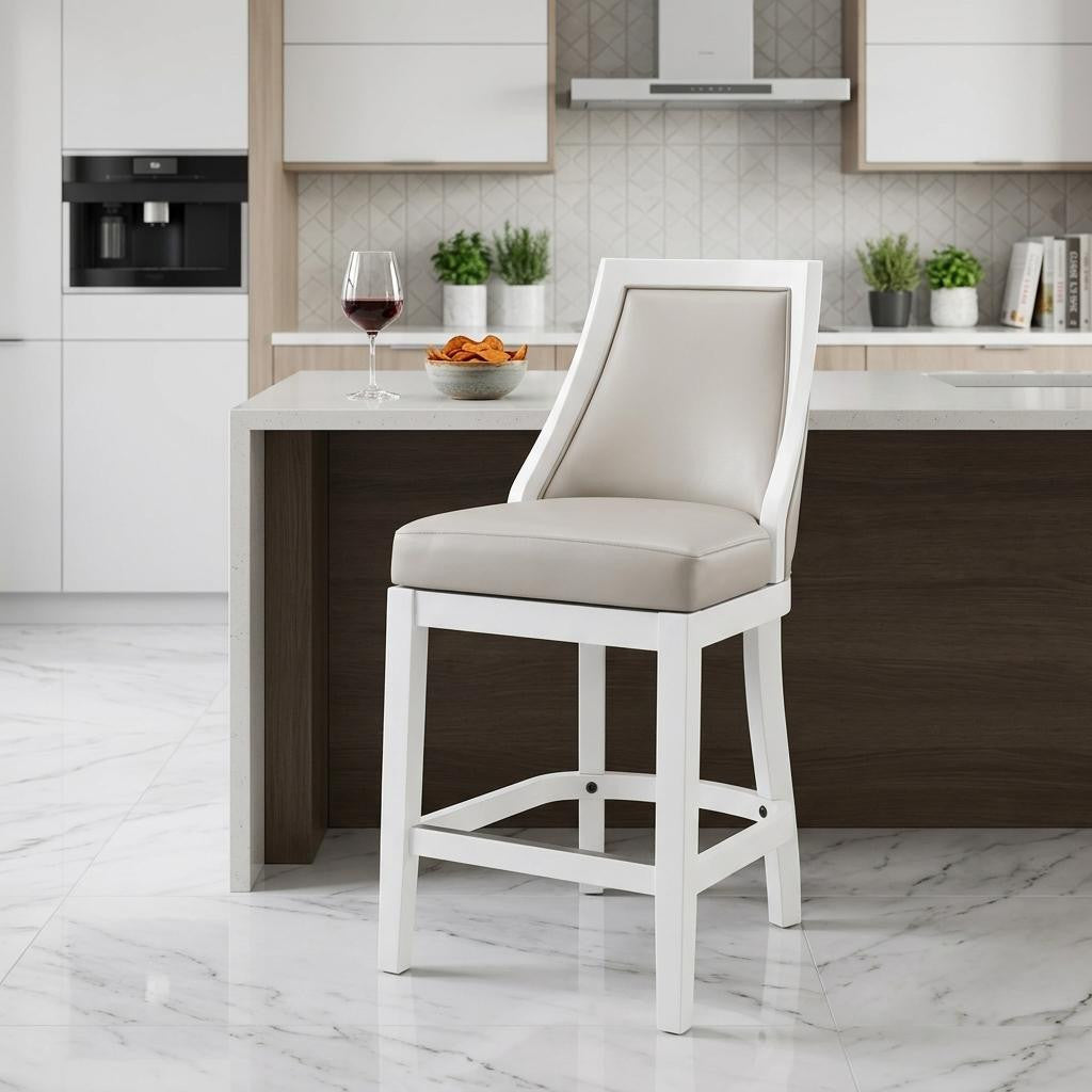 Gray & White Faux Leather & Solid Wood Counter Height Swivel Bar Chair