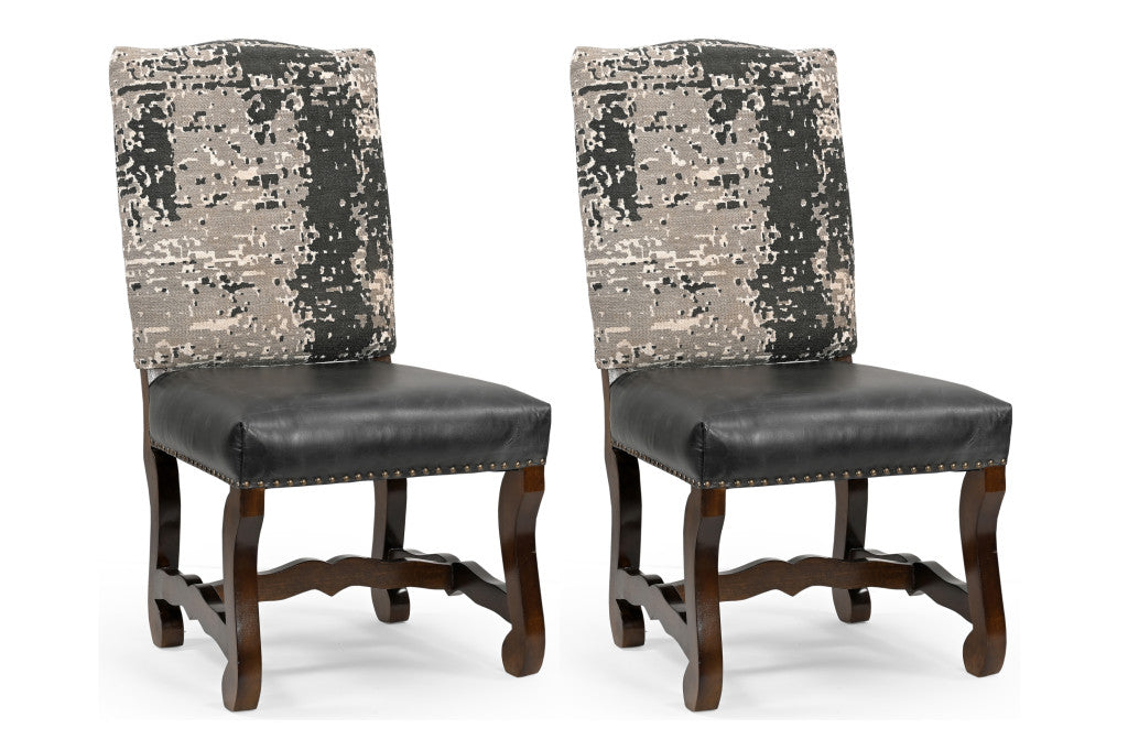 Black Gray & Dark Brown Solid Wood Chenille & Leather Dining Chair - Set of 2