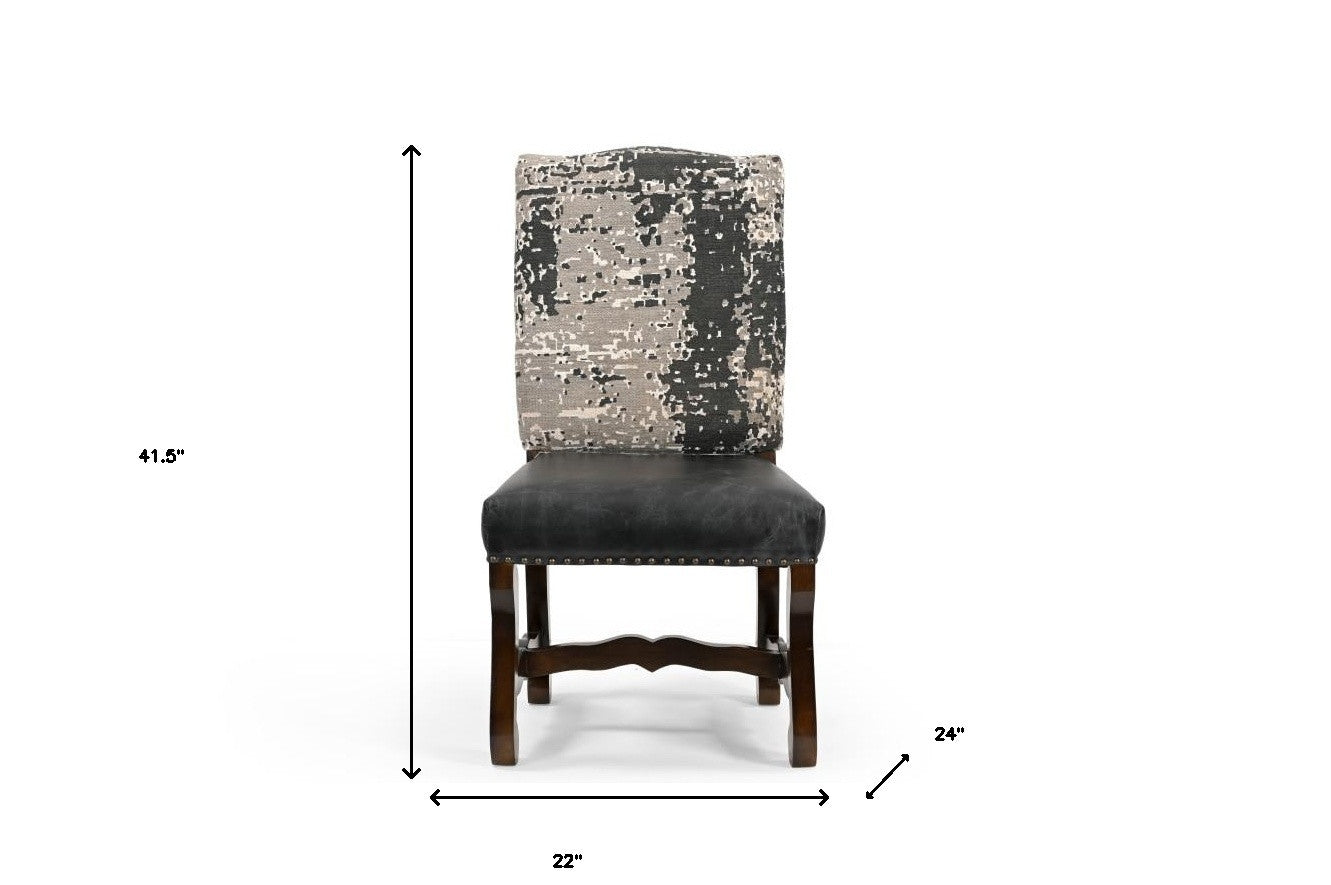 Black Gray & Dark Brown Solid Wood Chenille & Leather Dining Chair - Set of 2
