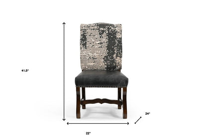 Black Gray & Dark Brown Solid Wood Chenille & Leather Dining Chair - Set of 2
