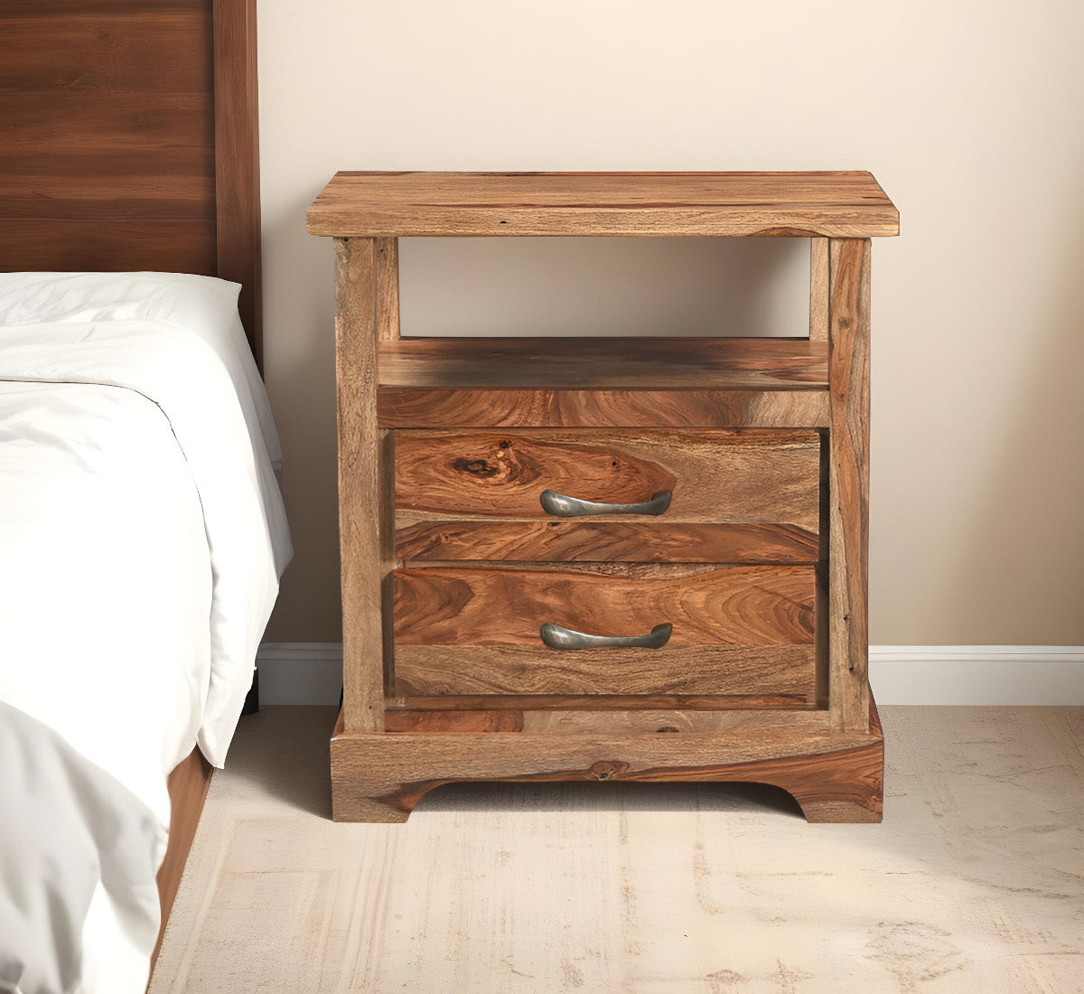 Brown 2 Drawer Solid Wood Nightstand