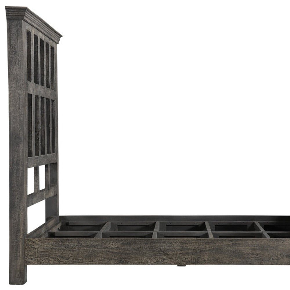 Brown Carved Geometric Distressed Solid Wood Queen Bed Frame