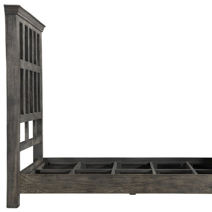 Brown Carved Geometric Distressed Solid Wood Queen Bed Frame