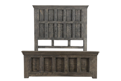 Brown Carved Geometric Distressed Solid Wood Queen Bed Frame