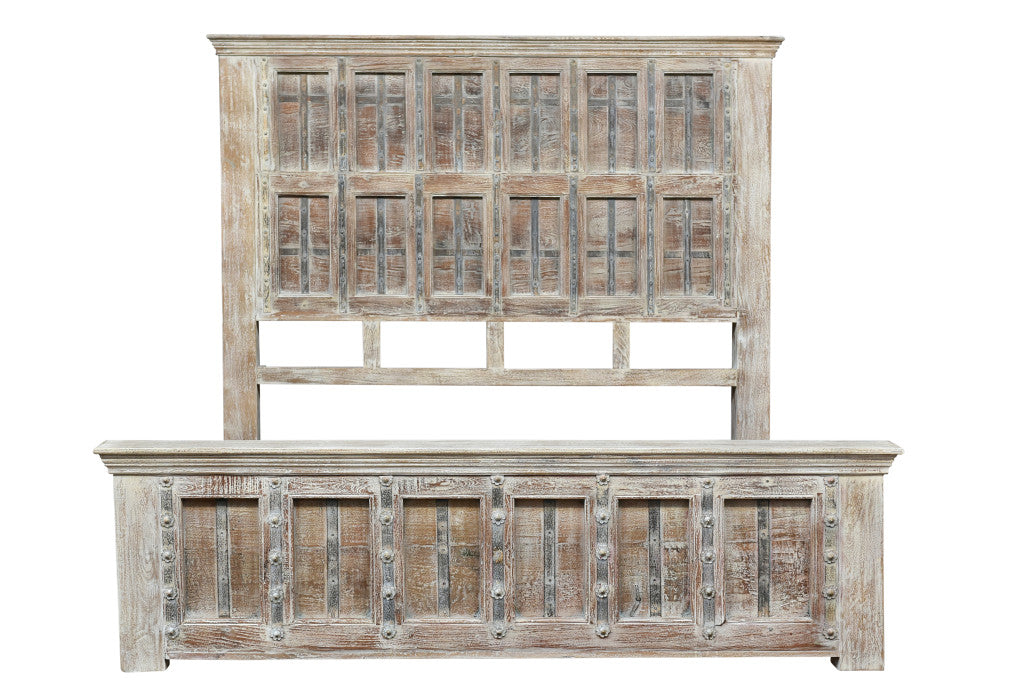 Natural Carved Geometric Distressed Solid Wood King Bed Frame