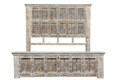 Natural Carved Geometric Distressed Solid Wood King Bed Frame