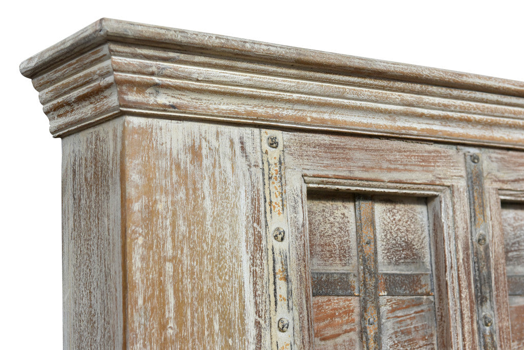 Natural Carved Geometric Distressed Solid Wood King Bed Frame