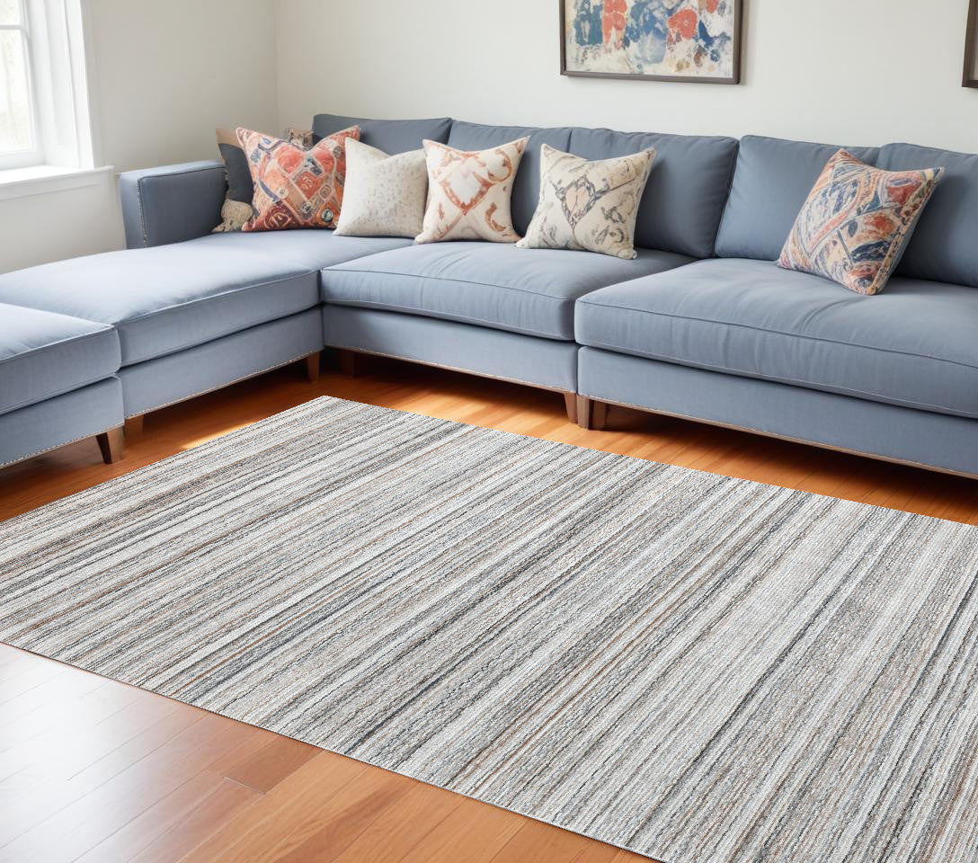 8 x 10 Beige & Gray Wool Blend Lines Hand Loomed Rug
