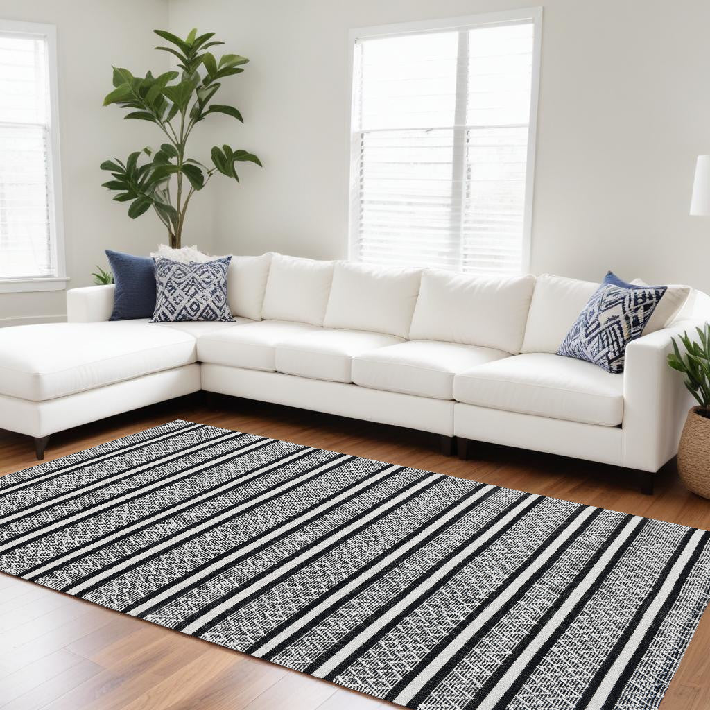 8 x 10 Black & White Wool Geometric Stripe Hand Loomed Rug