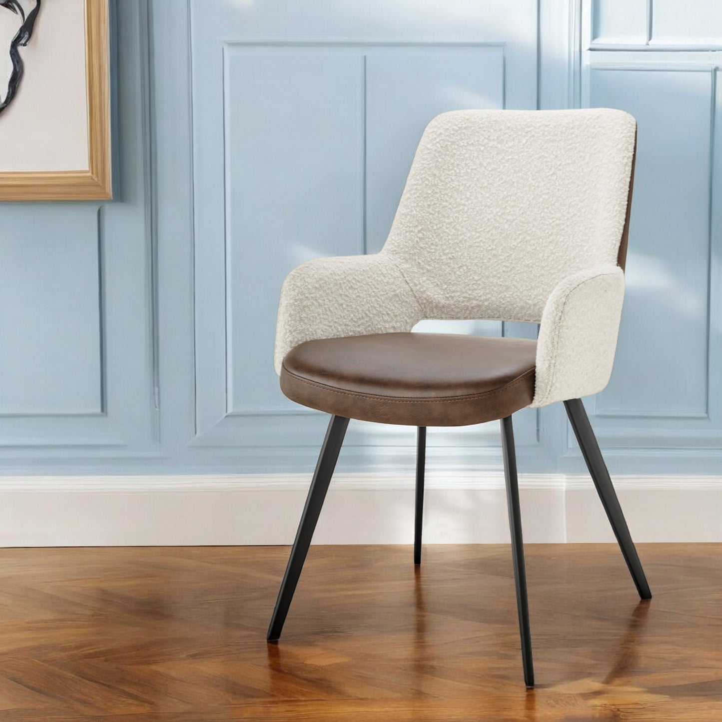 Ivory Brown & Black Fabric & Faux Leather Dining Chair