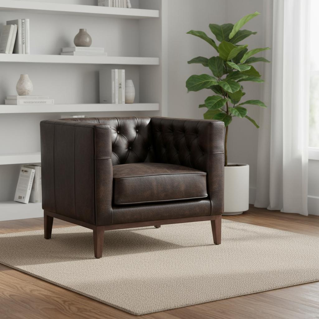 Brown & Black Antiqued Top Grain Leather Tufted Club Chair