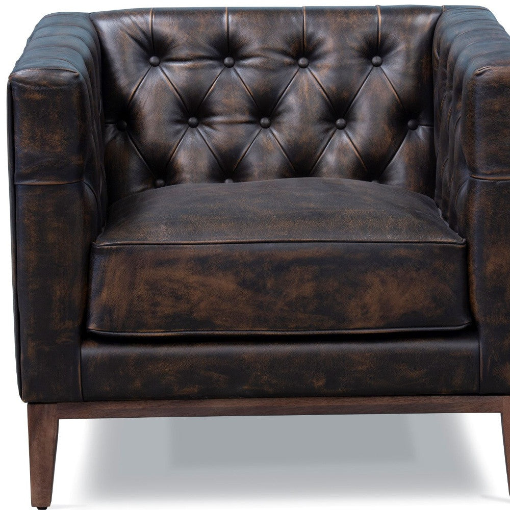 Brown & Black Antiqued Top Grain Leather Tufted Club Chair