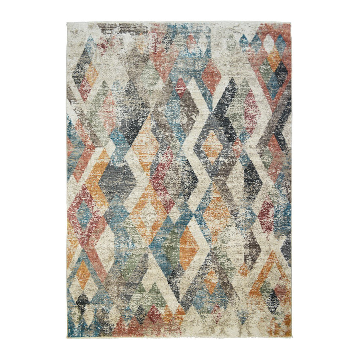 8 x 10 Beige Blue & Gray Geometric Distressed Rug With Fringe